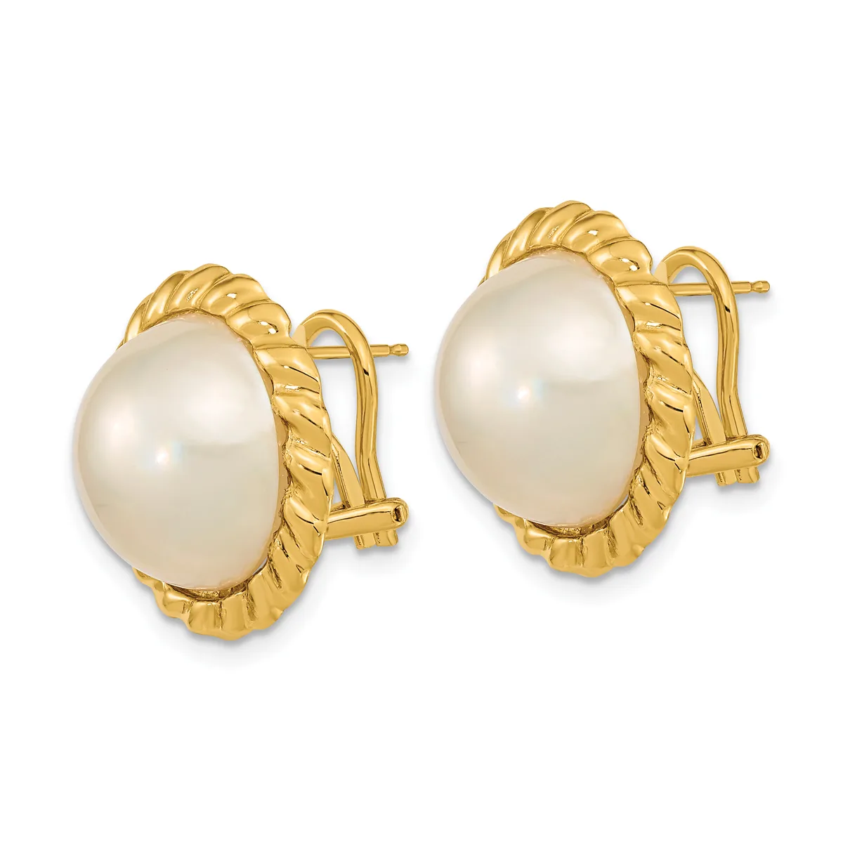 A pair of gold earrings with oval white pearls surrounded by textured gold frames and omega clip backs.