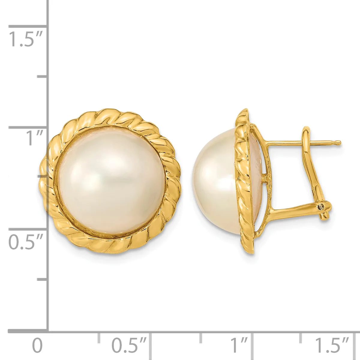Gold twisted rope-framed earrings with white pearl centers, shown from front and side views against a measurement scale.