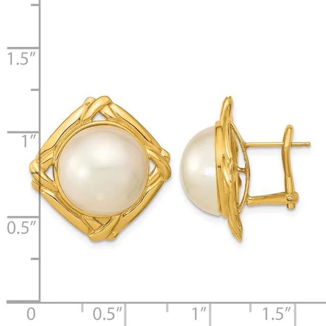 Pair of gold-tone earrings with cream-colored pearl centers set in open geometric frames, shown from front and side views with a measurement scale.