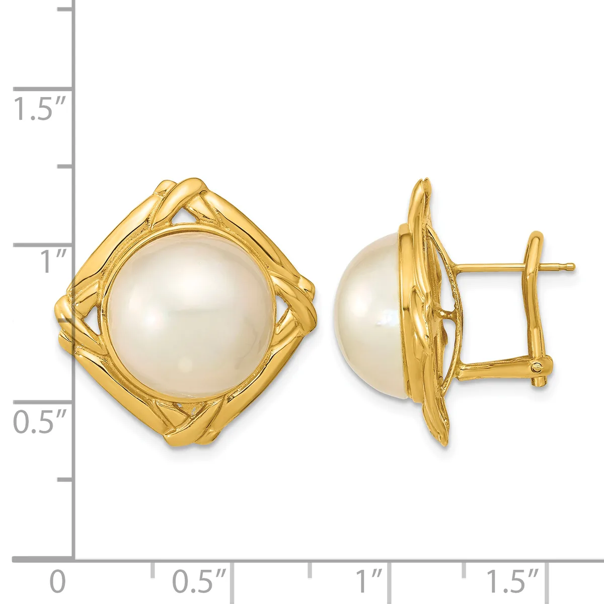 Pair of gold-tone earrings with cream-colored pearl centers set in open geometric frames, shown from front and side views with a measurement scale.