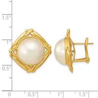 Pair of gold-tone earrings with cream-colored pearl centers set in open geometric frames, shown from front and side views with a measurement scale.