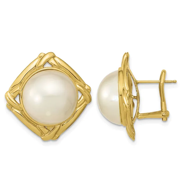 Two gold earrings with white pearl centers set in decorative square frames with twisted gold detailing, shown from front and back views.