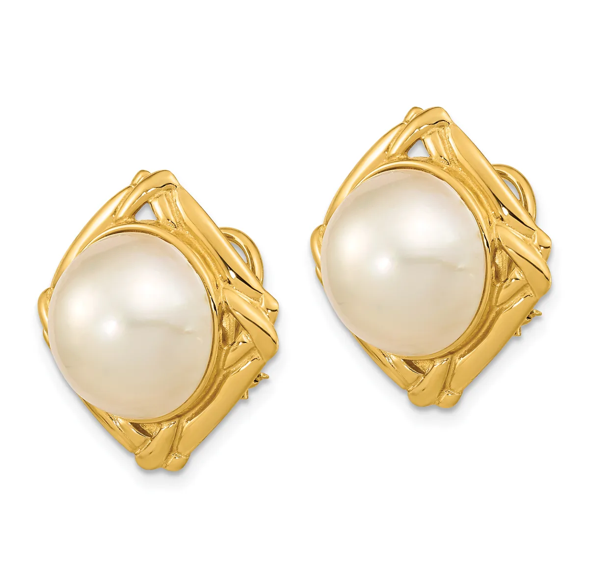 Pair of gold-toned stud earrings featuring oval white pearls set in ornate textured gold frames with geometric detailing.