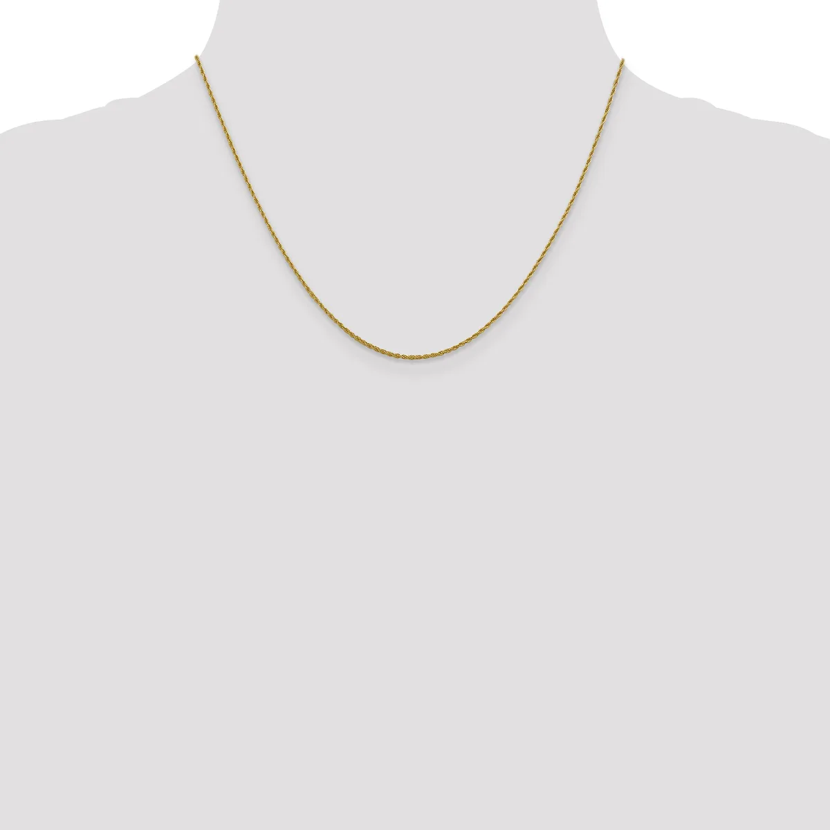A thin gold-toned chain necklace displayed on a dress form mannequin.