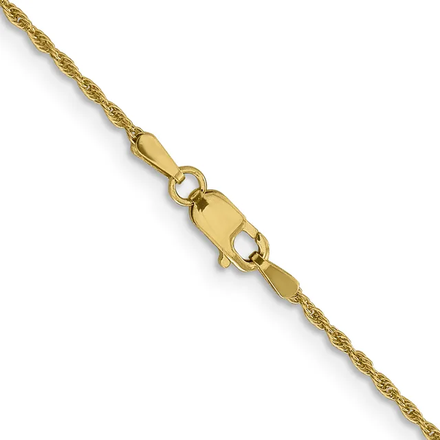 A gold twisted rope chain necklace with a polished barrel-shaped clasp closure displayed diagonally against a white background.