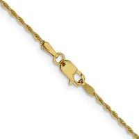 A gold twisted rope chain necklace with a polished barrel-shaped clasp closure displayed diagonally against a white background.