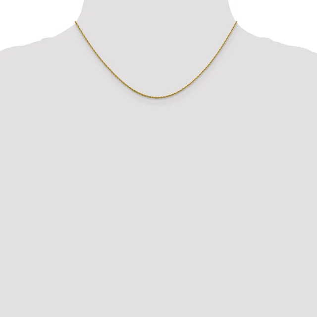 A thin gold-toned chain necklace displayed on a mannequin neck form against a white background.
