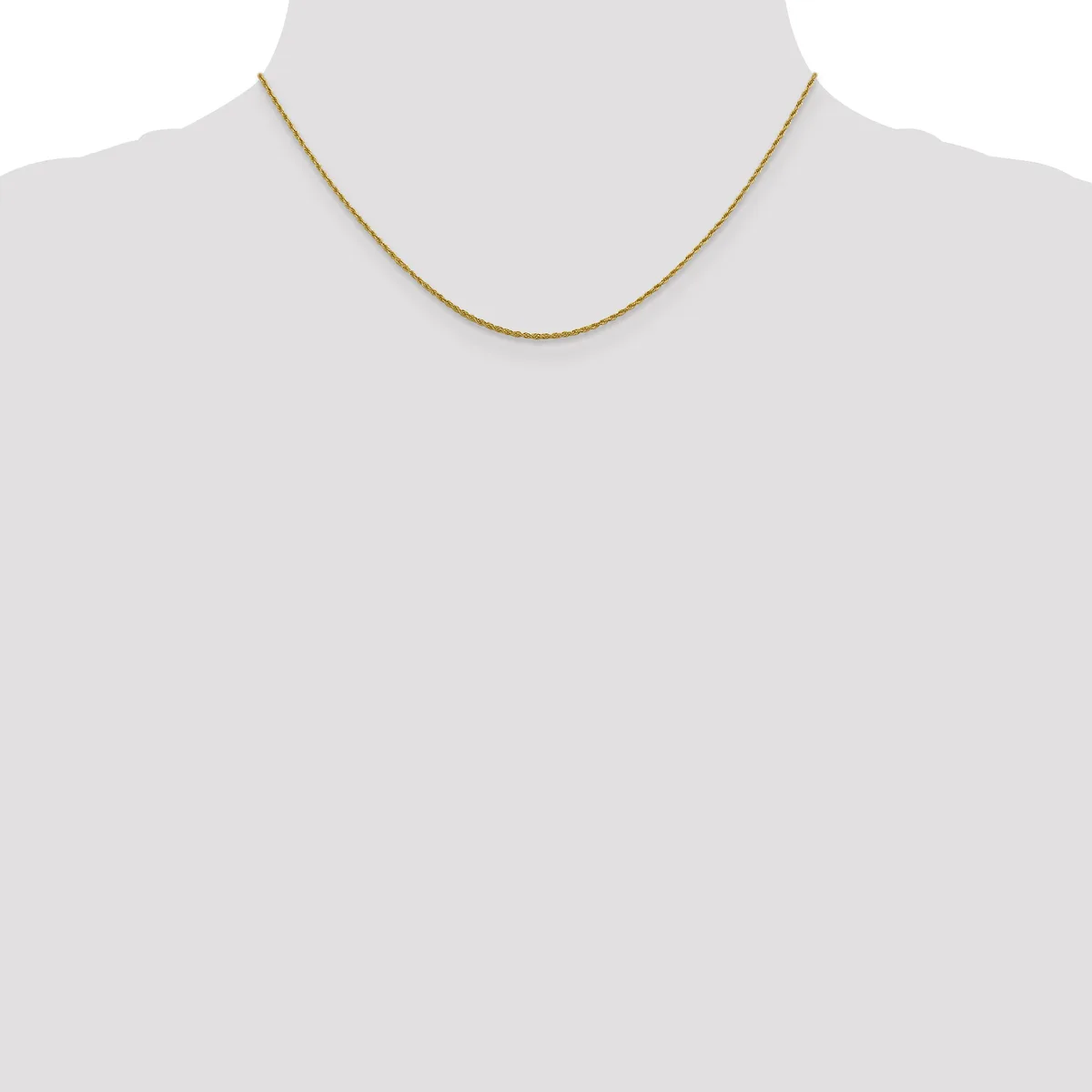 A thin gold-toned chain necklace displayed on a mannequin neck form against a white background.
