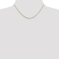 A thin gold-toned chain necklace displayed on a mannequin neck form against a white background.