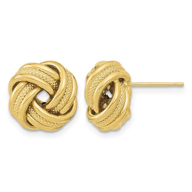 Pair of gold knot stud earrings with textured twisted rope design, shown from front and side views.