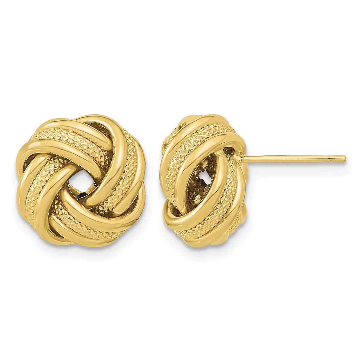Pair of gold knot stud earrings with textured twisted rope design, shown from front and side views.