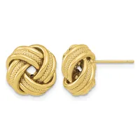Pair of gold knot stud earrings with textured twisted rope design, shown from front and side views.