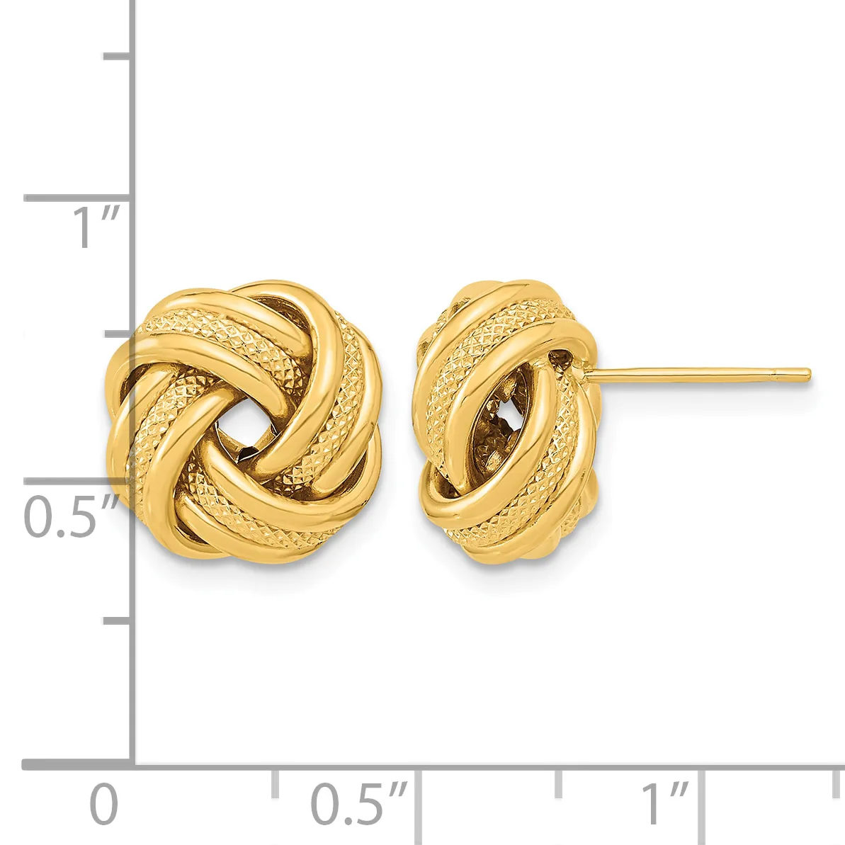 A pair of gold knot stud earrings with textured surfaces shown next to a ruler indicating approximately half an inch in height.