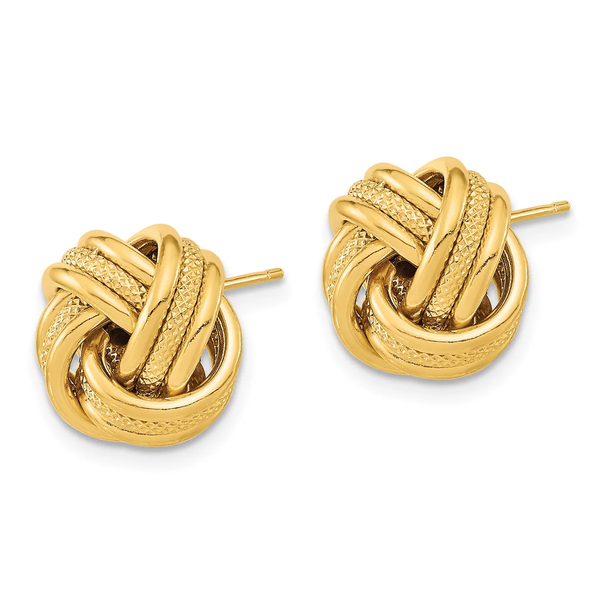 A pair of gold knot stud earrings with textured and polished surfaces, shown from the front against a white background.
