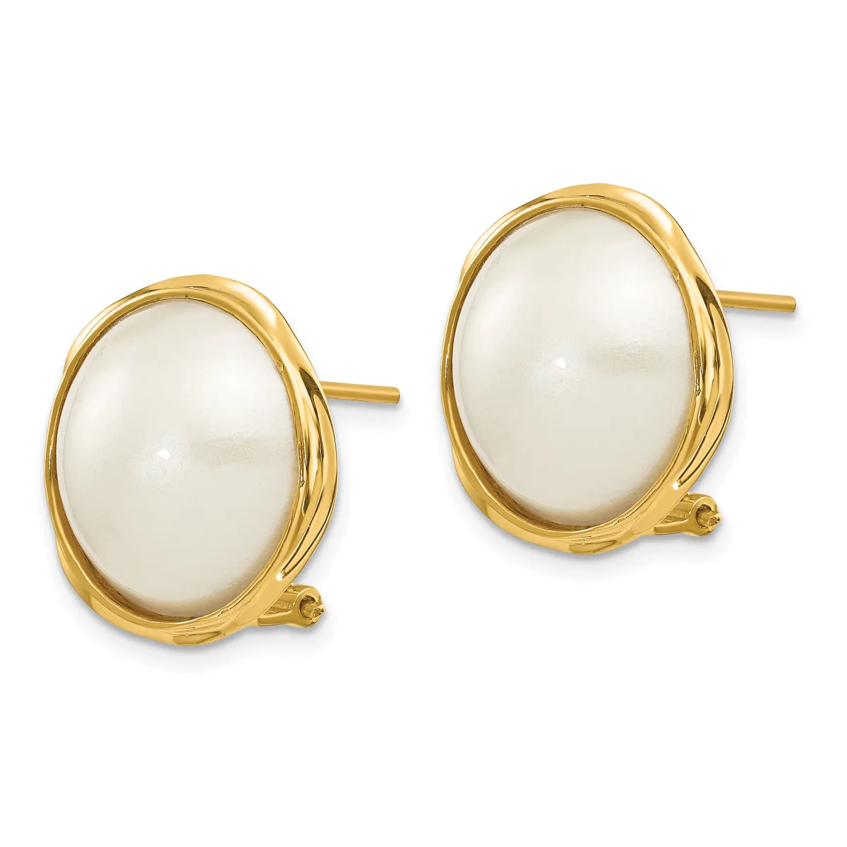 Pair of gold-toned oval earrings with white mother-of-pearl cabochons set in textured frames, shown against a white background.