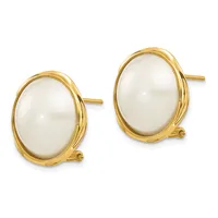 Pair of gold-toned oval earrings with white mother-of-pearl cabochons set in textured frames, shown against a white background.