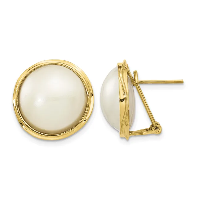 Pair of gold earrings with white pearl cabochon stones set in polished gold bezels, shown from front and side views.