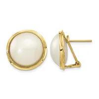 Pair of gold earrings with white pearl cabochon stones set in polished gold bezels, shown from front and side views.