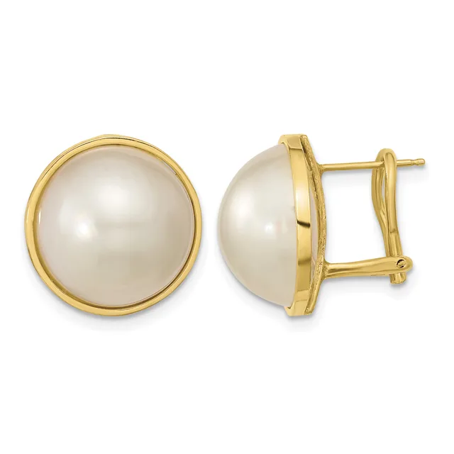 Pair of gold-toned earrings with large cream-colored pearl cabochons set in circular bezels, shown from front and side views.