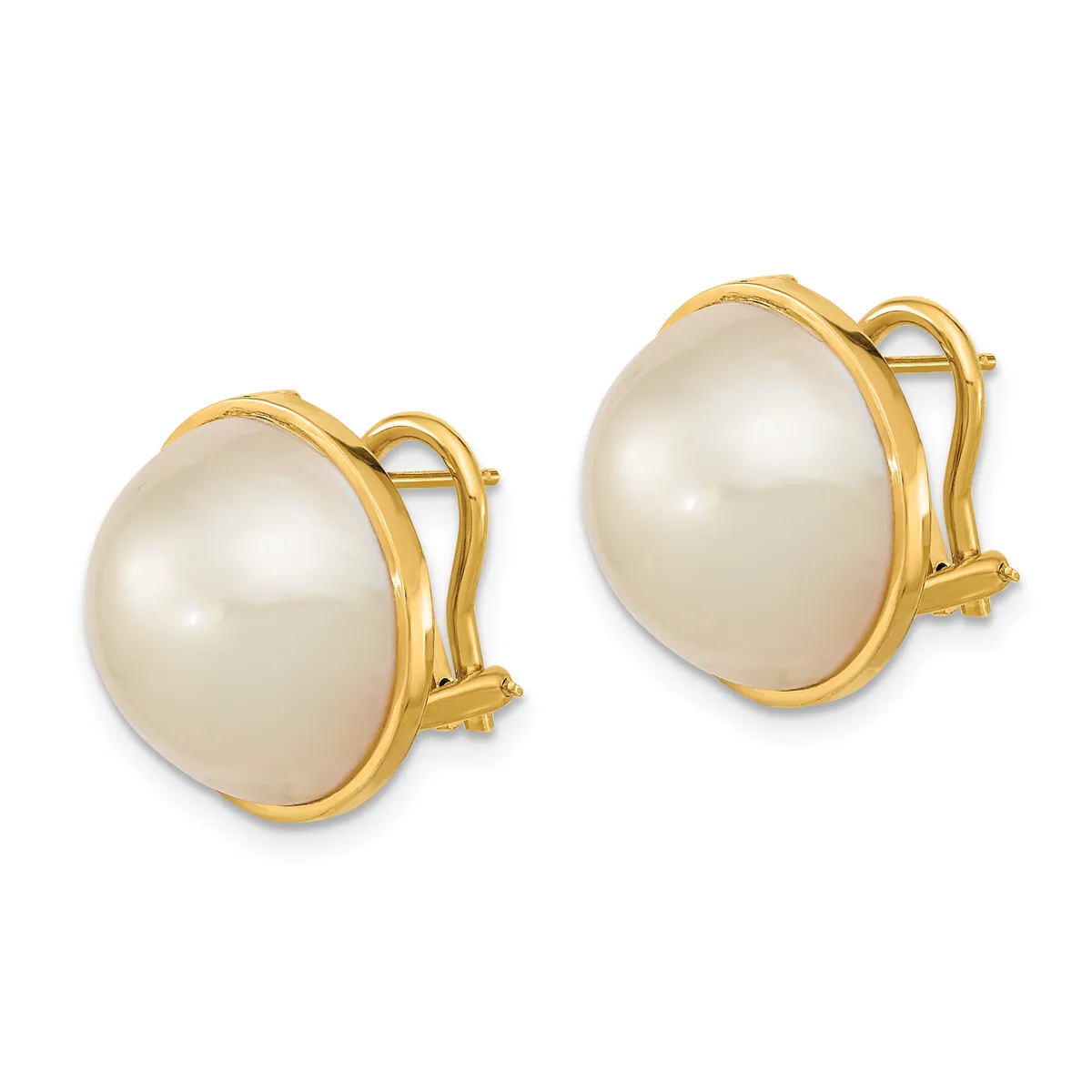 A pair of gold-toned clip-on earrings, each featuring a large cream-colored mabe pearl set in an oval bezel with a polished finish.
