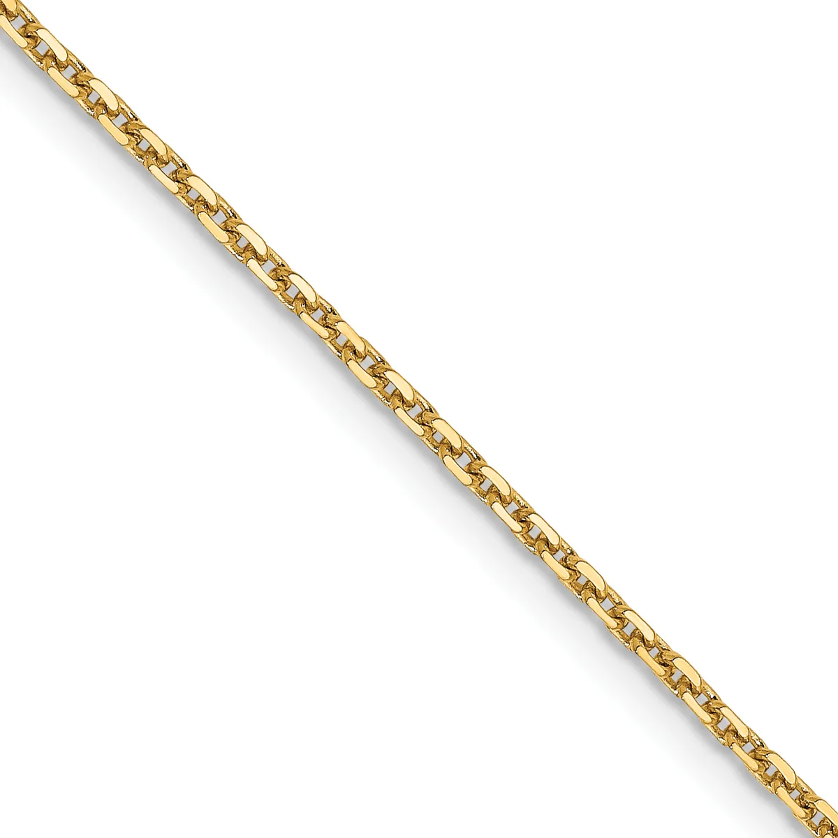 A gold chain with rectangular interlocking links arranged diagonally against a white background.