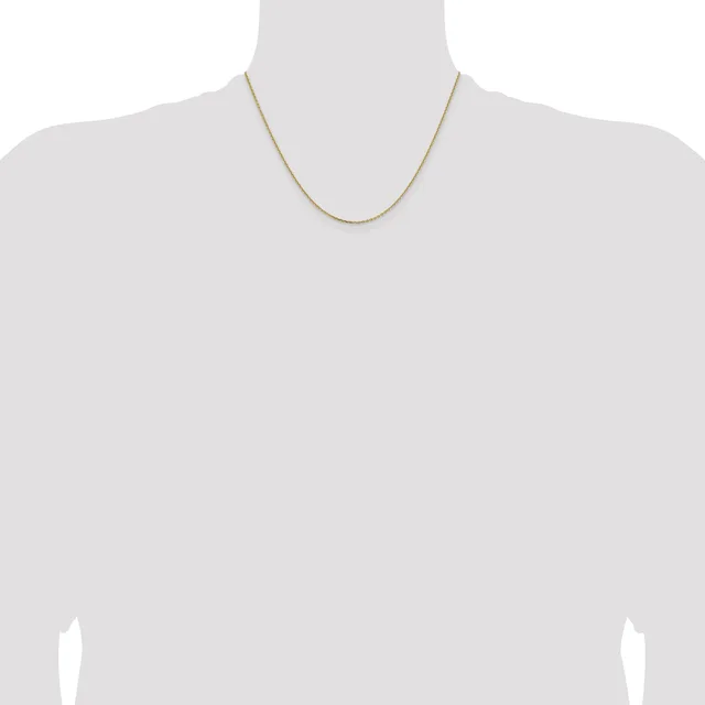 A thin gold chain necklace displayed on a mannequin bust against a white background.