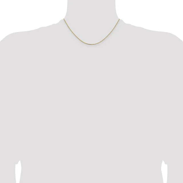 A thin gold chain necklace displayed on a mannequin bust against a white background.
