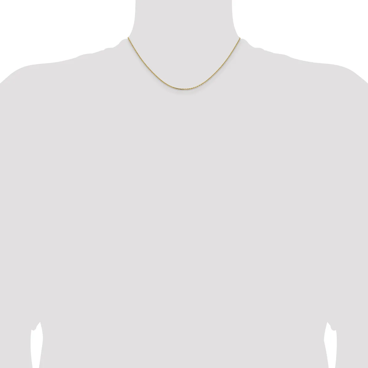 A thin gold chain necklace displayed on a mannequin bust against a white background.