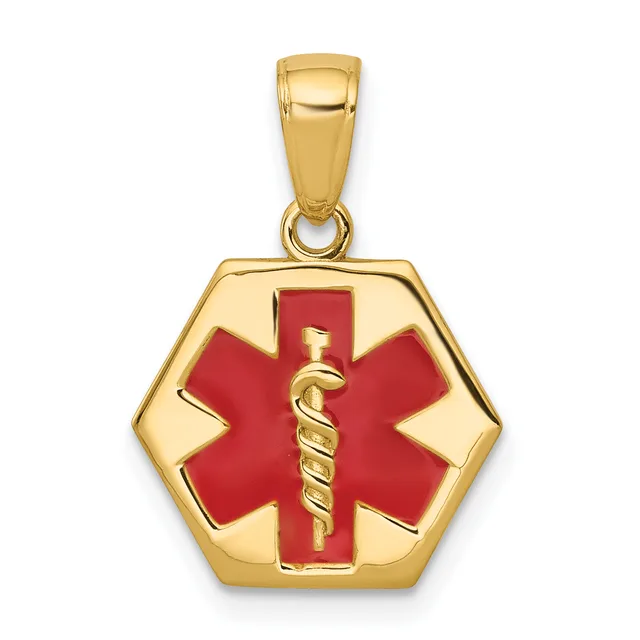 A gold hexagonal medical alert pendant with a red enamel center featuring a gold caduceus symbol, suspended from a gold bail.