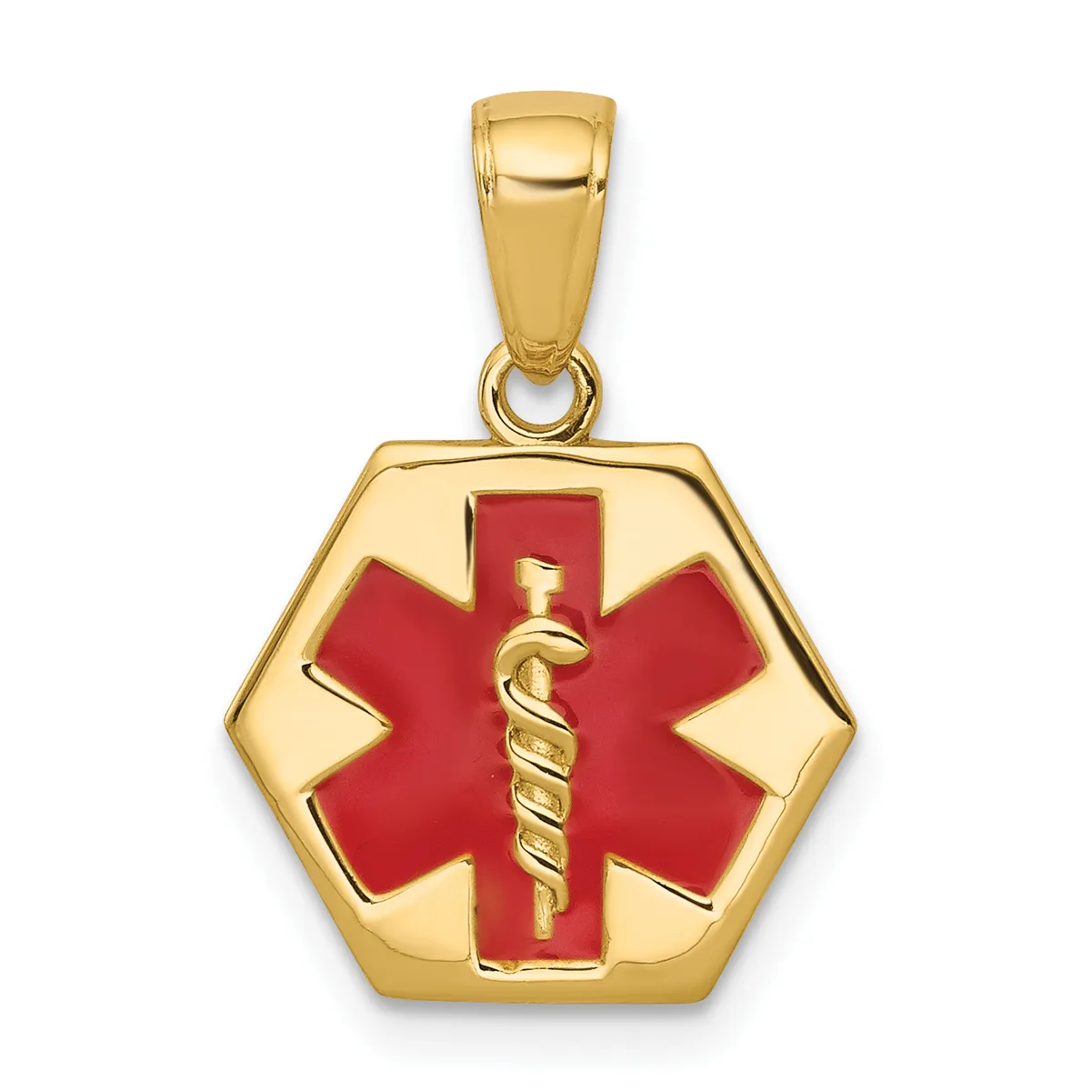 A gold hexagonal medical alert pendant with a red enamel center featuring a gold caduceus symbol, suspended from a gold bail.