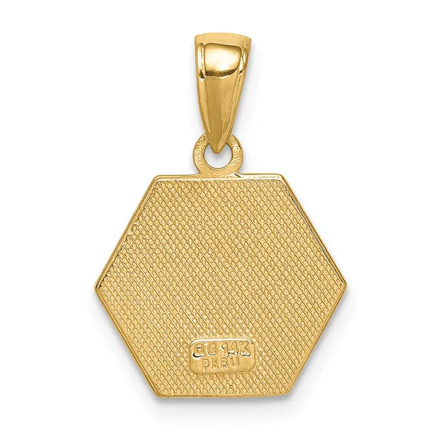 A gold hexagonal pendant with a textured surface and a small stamped hallmark, suspended from a polished gold bail.