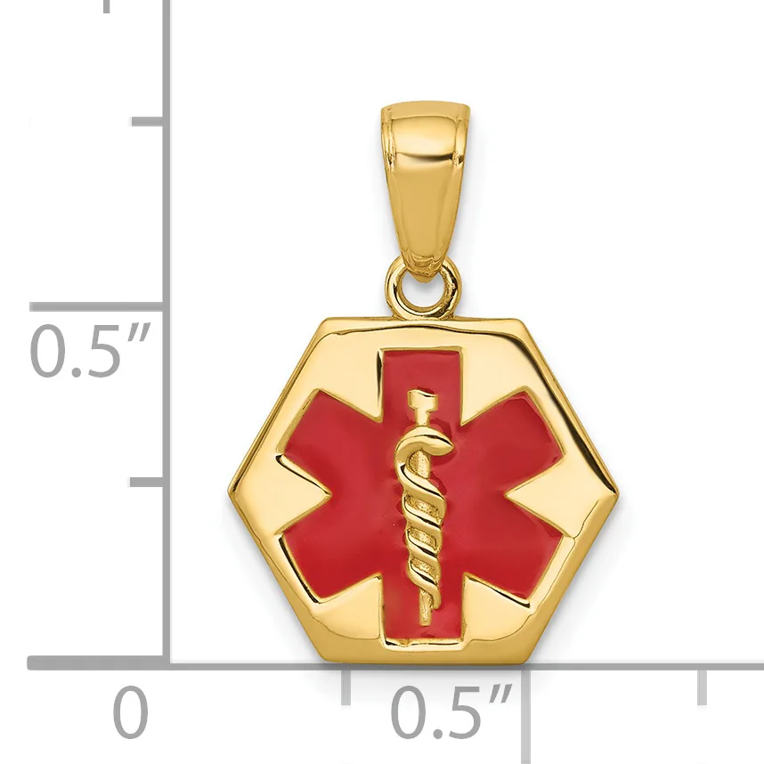 Gold hexagonal medical alert pendant with red enamel center featuring a gold caduceus symbol, shown with measurement scale.