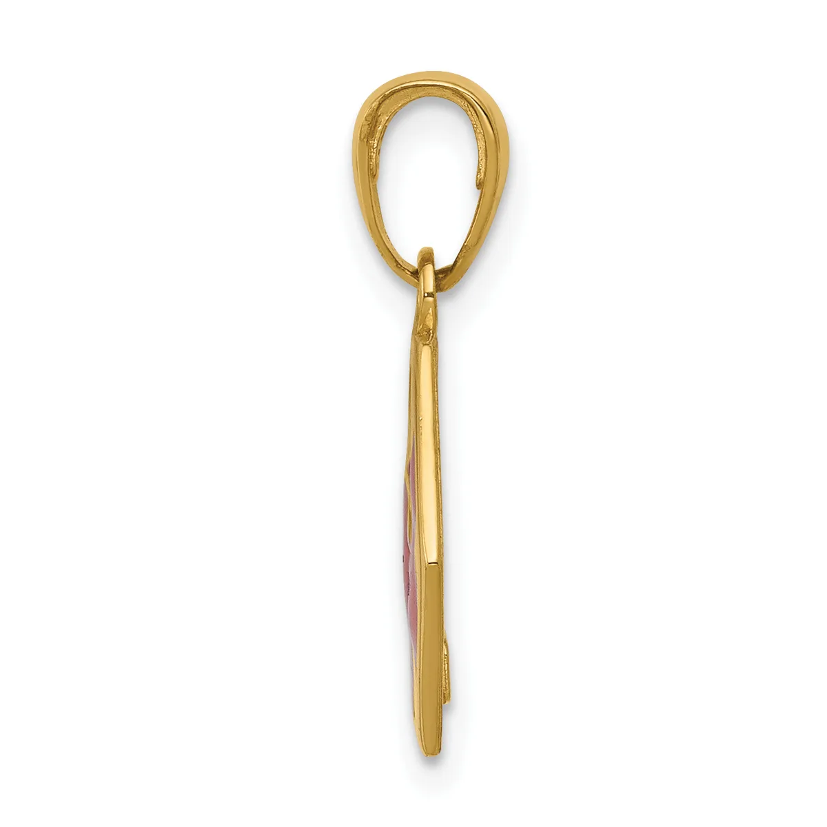 A gold-toned metal loop pendant with a long tapered stem, shown hanging against a white background.