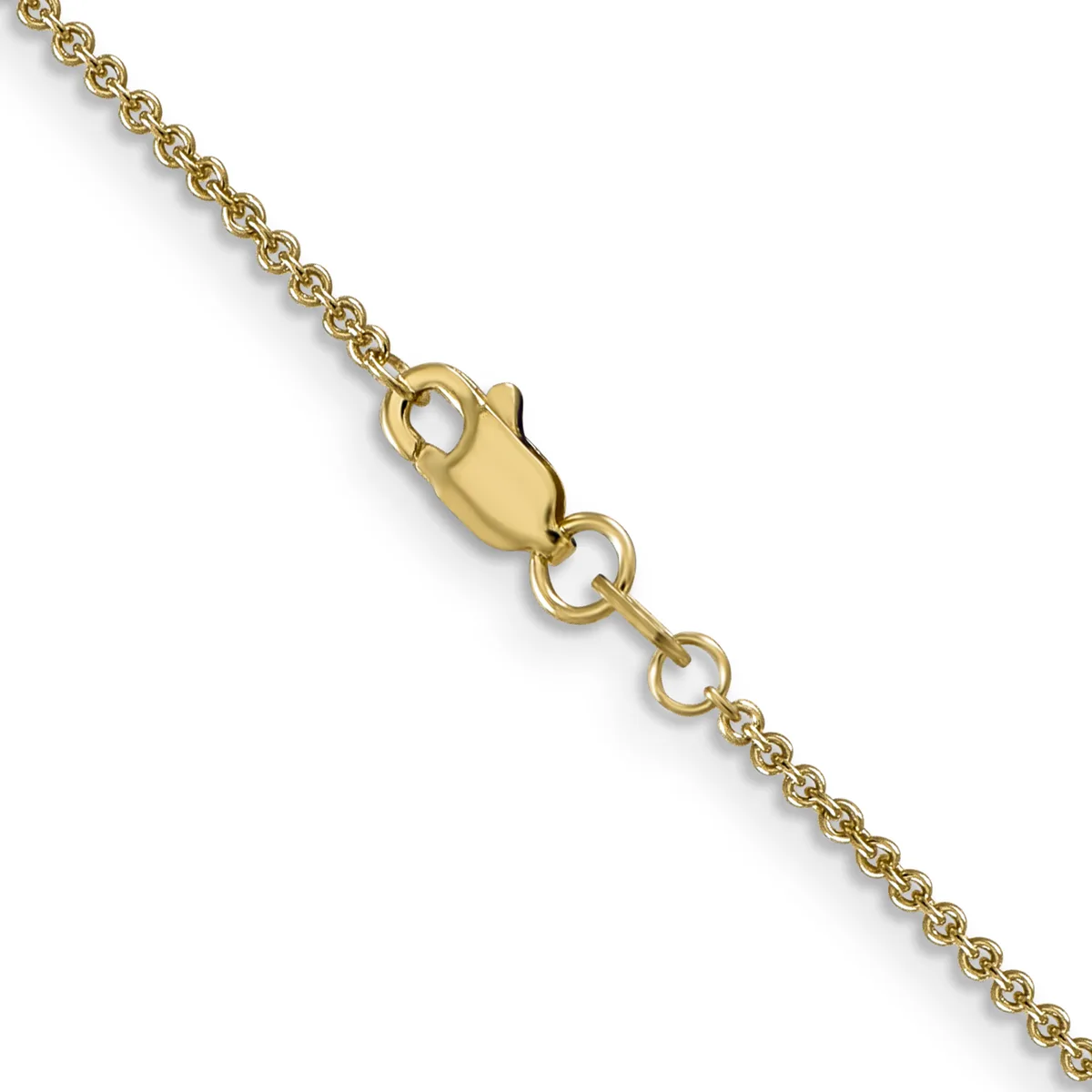 A gold chain necklace with a lobster claw clasp, displayed diagonally against a white background.