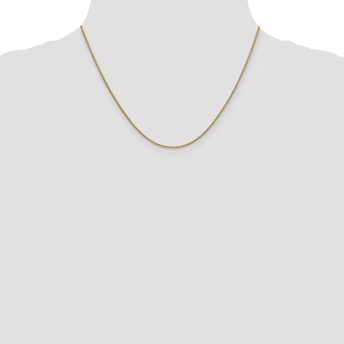 A thin gold-toned chain necklace displayed on a mannequin bust against a white background.