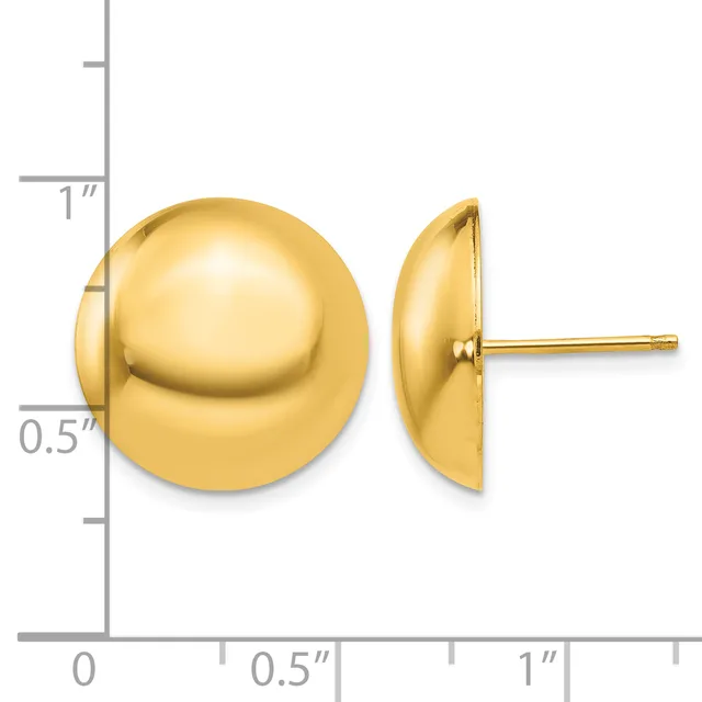 Pair of polished yellow gold dome stud earrings shown from front and side view with measurement scale indicating approximately half-inch diameter.