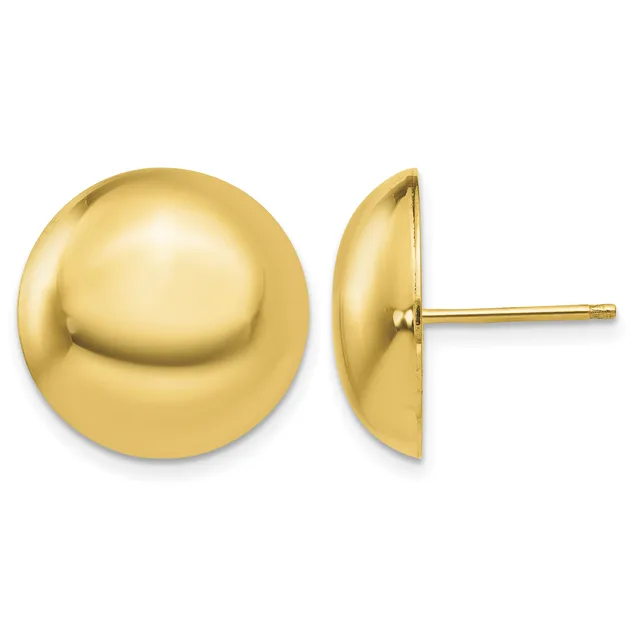A pair of polished gold ball stud earrings shown from front and side views, displaying their smooth, rounded dome shape and post backs.