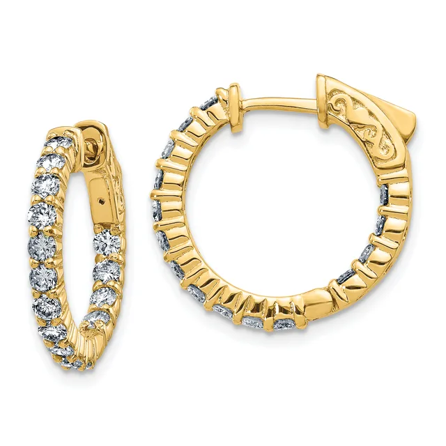 A pair of gold hoop earrings with round cubic zirconia stones set along the inner and outer surfaces, shown from the front and back views.