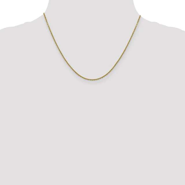 A delicate gold-toned chain necklace displayed on a mannequin bust against a white background.