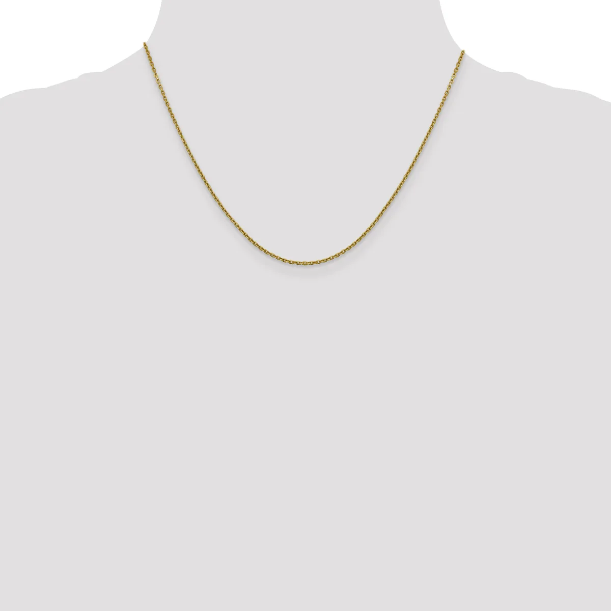 A delicate gold-toned chain necklace displayed on a mannequin bust against a white background.