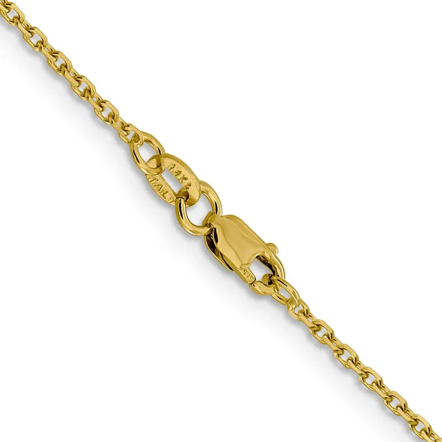 A gold chain necklace with an oval lobster claw clasp, displayed diagonally against a white background.