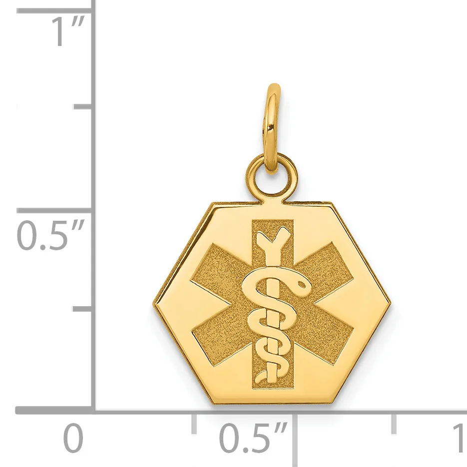 Gold hexagonal medical alert pendant with caduceus symbol and textured star of life background, shown next to a ruler for scale.
