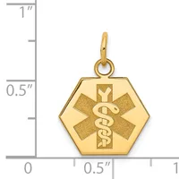 Gold hexagonal medical alert pendant with caduceus symbol and textured star of life background, shown next to a ruler for scale.