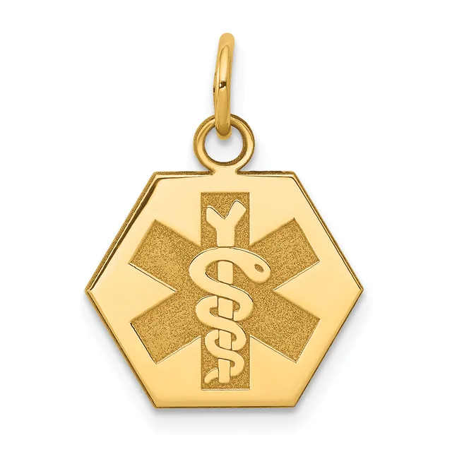 Gold hexagonal medical alert pendant with a star of life symbol and serpent staff, suspended from a small loop bail.