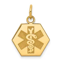 Gold hexagonal medical alert pendant with a star of life symbol and serpent staff, suspended from a small loop bail.