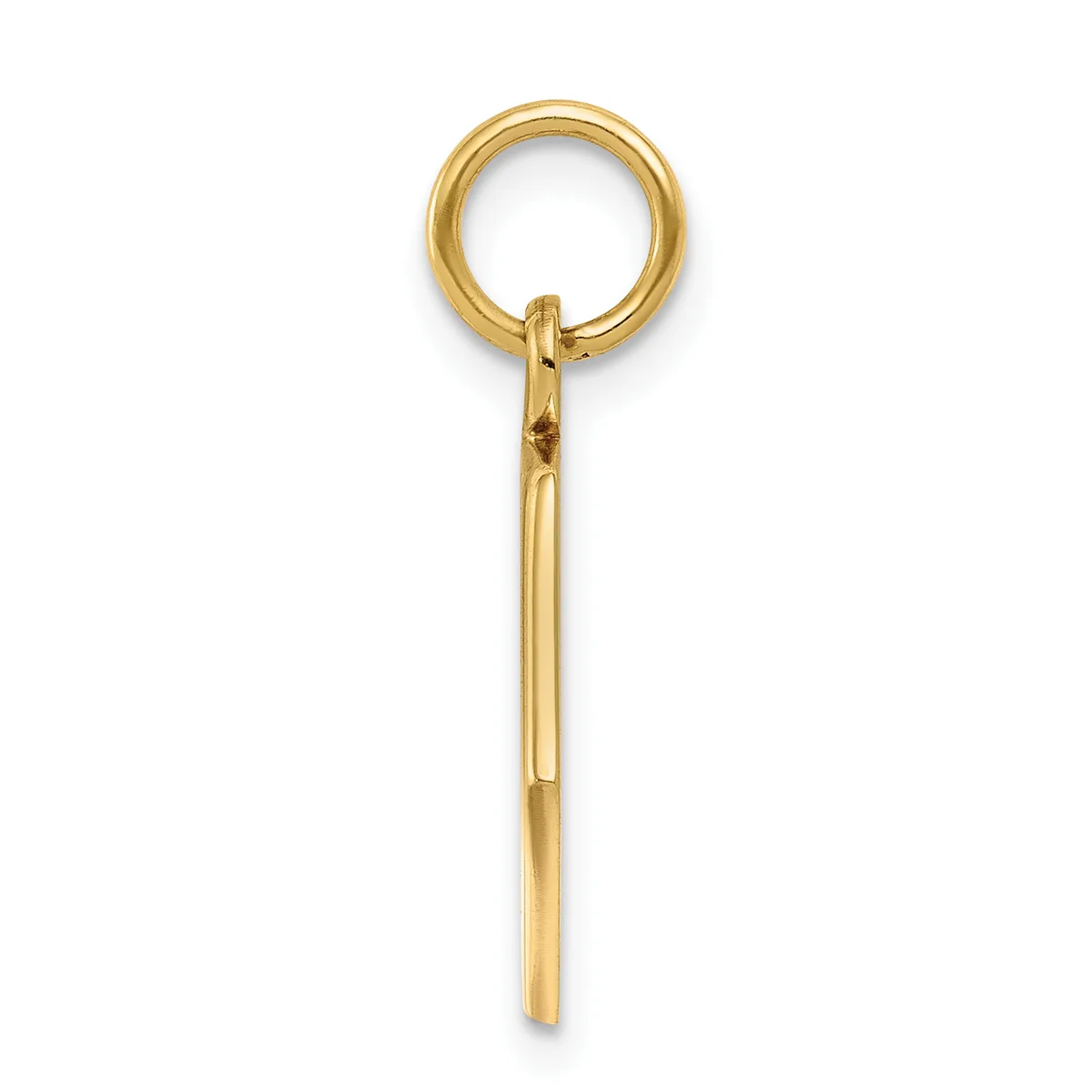 A gold-toned metal pendant consisting of a small ring at the top attached to an elongated rectangular bar below it.
