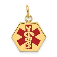 Gold hexagonal medical alert pendant with red enamel star of life symbol and gold caduceus, suspended from a gold bail.