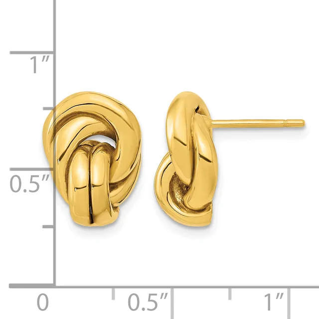 Gold-colored knot stud earrings shown next to a ruler indicating approximately half-inch width and three-quarter-inch height.