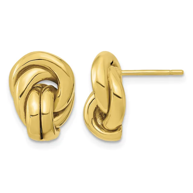 Pair of gold-toned twisted knot stud earrings shown from front and side views against a white background.