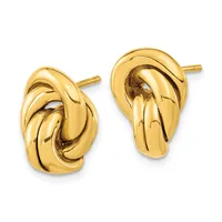A pair of polished gold twisted knot stud earrings with posts, shown from the front against a white background.